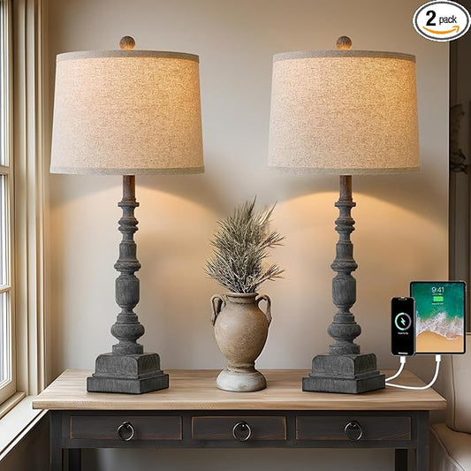 Antique Rustic Grey Accent Lamps for End Table - Set of 2