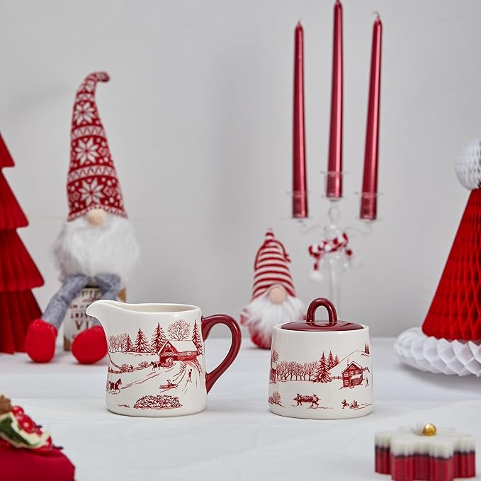 Bico Toile De Jouy Winter Wondereland Ceramic Sugar and Cream Set, Dishwasher Safe