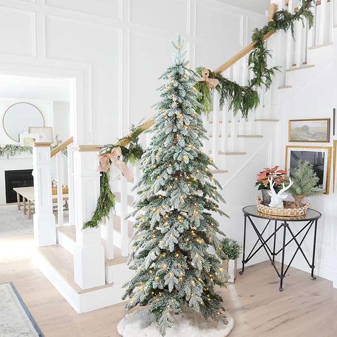 7.5ft Pre-Lit Flocked Pencil Spruce Artificial Christmas Tree with Warm White Lights