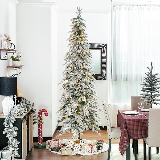 7.5ft Pre-Lit Flocked Pencil Spruce Artificial Christmas Tree with Warm White Lights