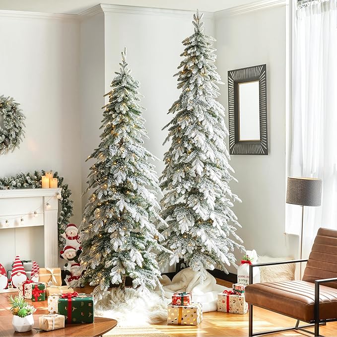 7.5ft Pre-Lit Flocked Pencil Spruce Artificial Christmas Tree with Warm White Lights