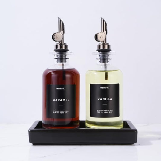 Dispenser with Metal Pour Spout, Weighted Pourer, Glass Bottle Dispenser for Kitchen w. Ceramic Tray