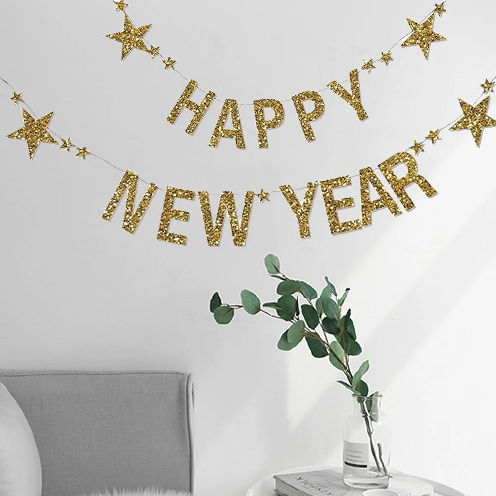 Happy New Year Banner Golden Glitter