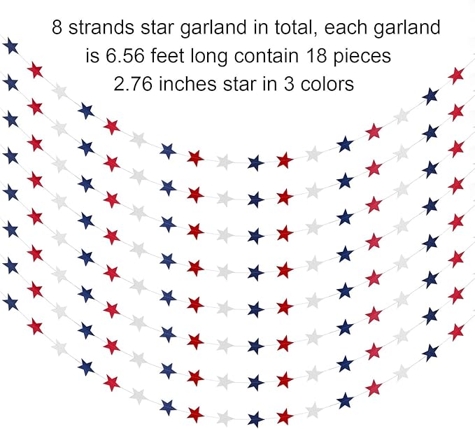 TecUnite 8 Strands Patriotic Star Streamers Banner Garland