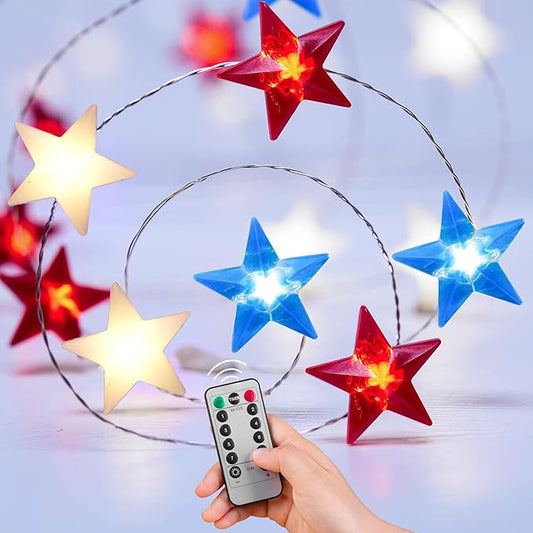 Red White and Blue Lights Battery Operated, Patriotic Star String Lights with Remote