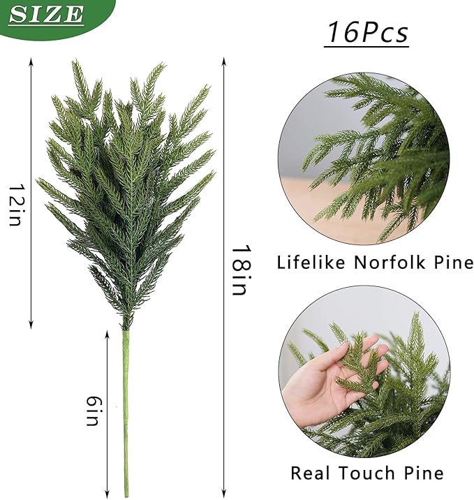 18" Christmas Norfolk Pine Branches, 16 pc Set