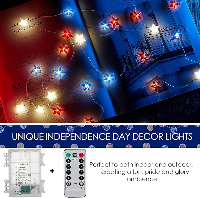 Red White and Blue Lights Battery Operated, Patriotic Star String Lights with Remote