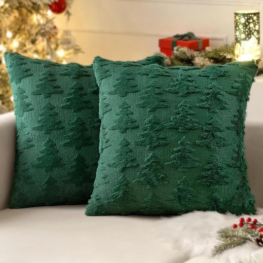 Set of Two 20" x 20" Dark Green Throw Pillow Covers Christmas Tree Decorative Pillow Covers