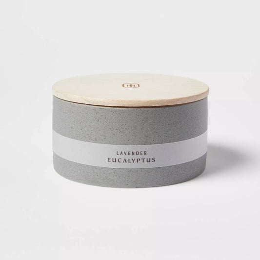 3 Wick 14oz Matte Textured Ceramic Wooden Wick Candle Gray/Lavender Eucalyptus - Threshold™