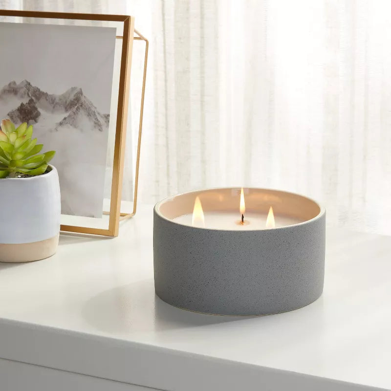 3 Wick 14oz Matte Textured Ceramic Wooden Wick Candle Gray/Lavender Eucalyptus - Threshold™
