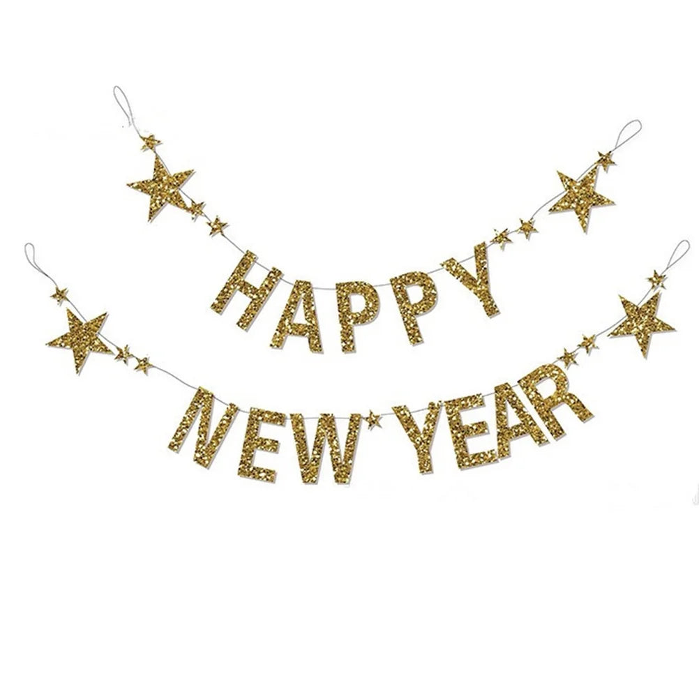Happy New Year Banner Golden Glitter